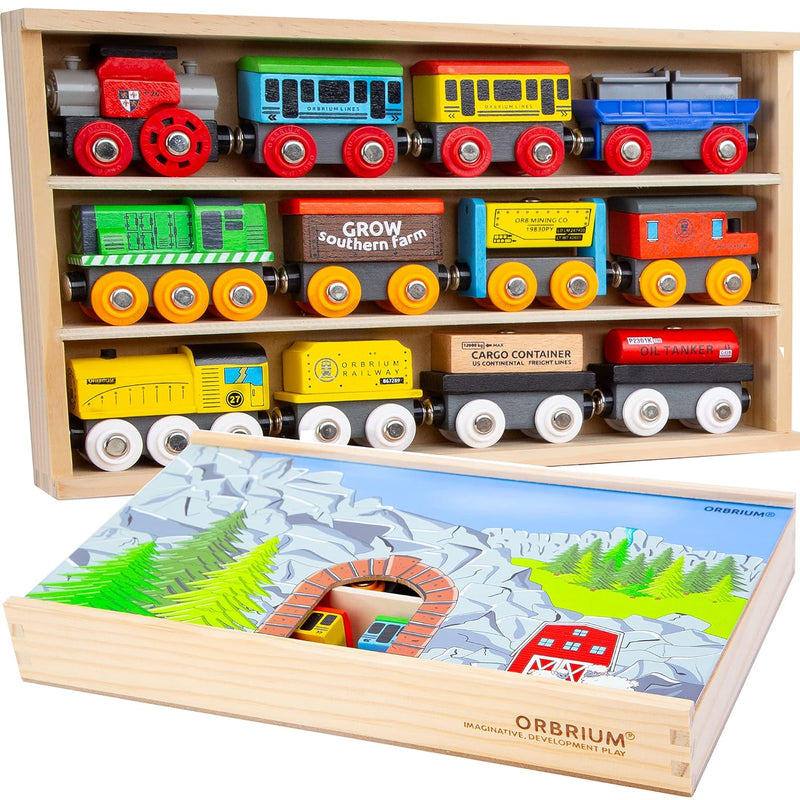 12 Wooden Train Cars Set With Wooden Storage Box With Box Cover Tunnel For