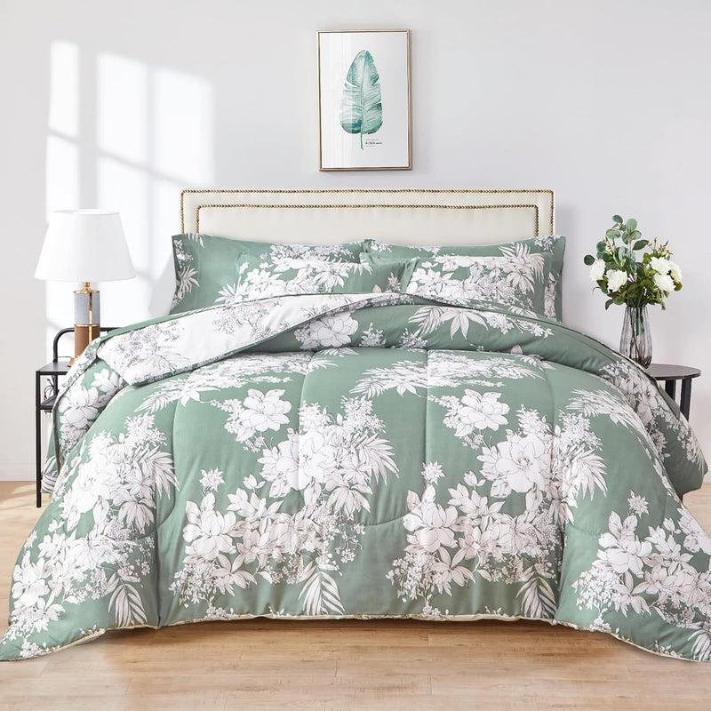 Floral Comforter Set Full Queen Size, Green And White Botanical Pattern Printe