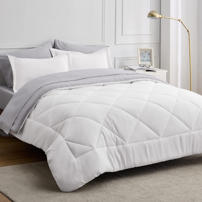 White Queen Comforter Set - 7 Pieces Reversible White Bed Set , Bedding Set White With Comforters, Sheets, Pillowcases & Shams, White Bed In A Bag