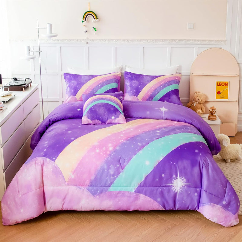 Purple Rainbow Girls Comforter Set Twin, 6 Pieces Gradient Glitter Bedding Set