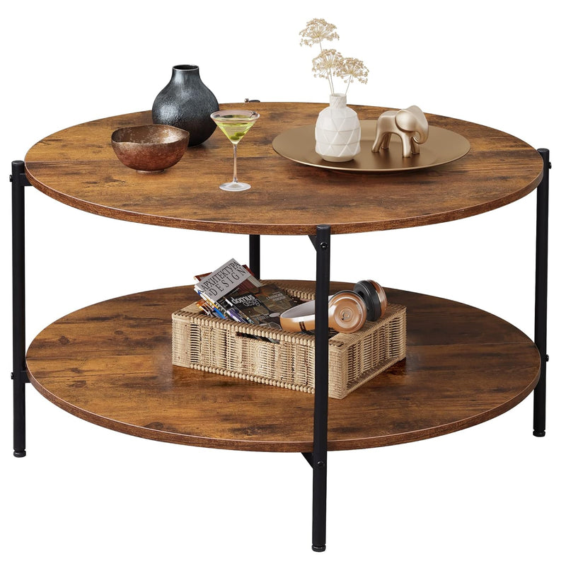 Round Coffee Table, Living Room Table With 2-Tier Storage Shelf, 32In Wood Mod