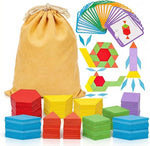 209-Piece Wooden Pattern Blocks Set for Kids with Design Cards