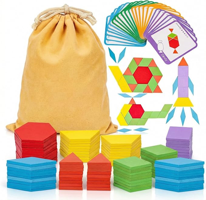 209-Piece Wooden Pattern Blocks Set for Kids with Design Cards