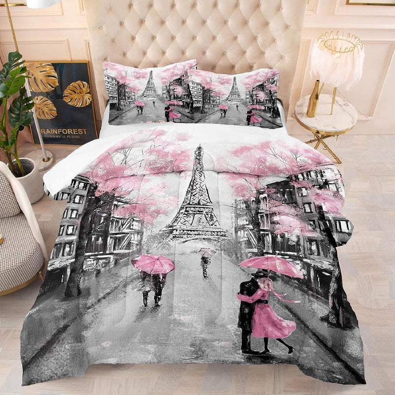Pink Paris Eiffel Tower Comforter Set Full Size French Style Couple Lover Flow