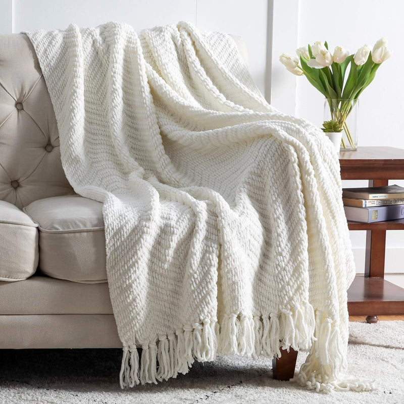 Throw Blanket For Couch – Cream White Versatile Knitwoven Chenille Blanket For Chair – Super Soft, Warm & Decorative Blanket With Tassels For Bed, Sofa And Living Room (Ivory, 50 X 60 Inches)