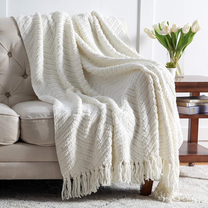 Throw Blanket For Couch – Cream White Versatile Knitwoven Chenille Blanket For