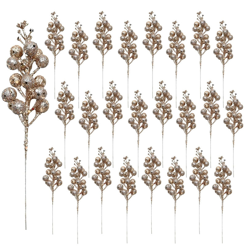 24 Pieces Christmas Champagne Glitter Berries Stems, 8.3 Inch Artificial Berry