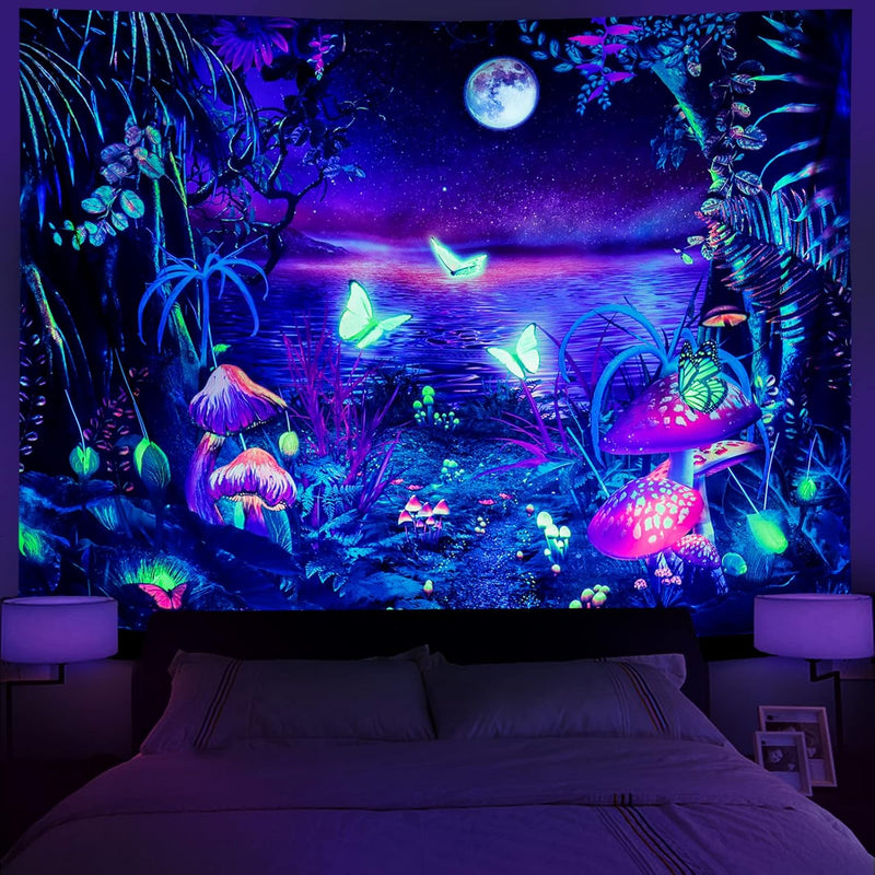 Blacklight Fantasy Forest Tapestry Aesthetic Moon Tapestry Uv Reactive Butterf