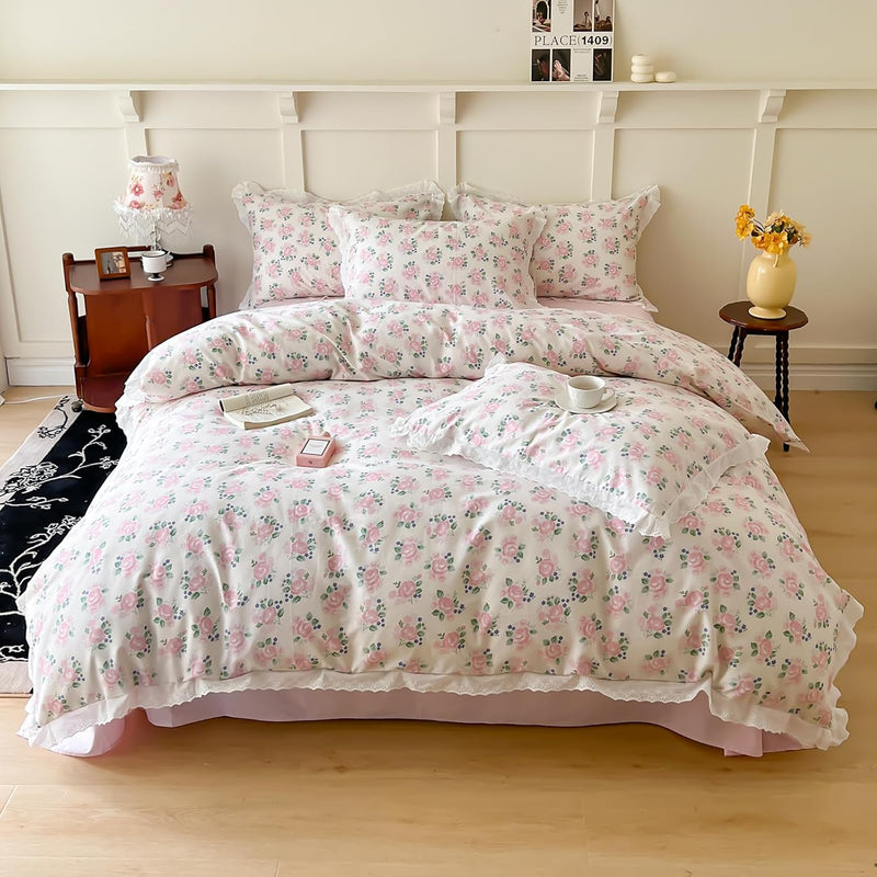 Pink Floral Duvet Cover Set Shabby Chic Botanical Flowers Cotton Floral Beddin