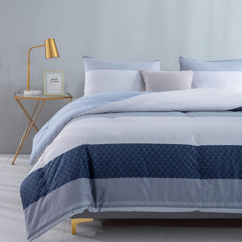 Comforter Queen Size, 600 Thread Count Cotton Baby Blue And Navy Striped Patch