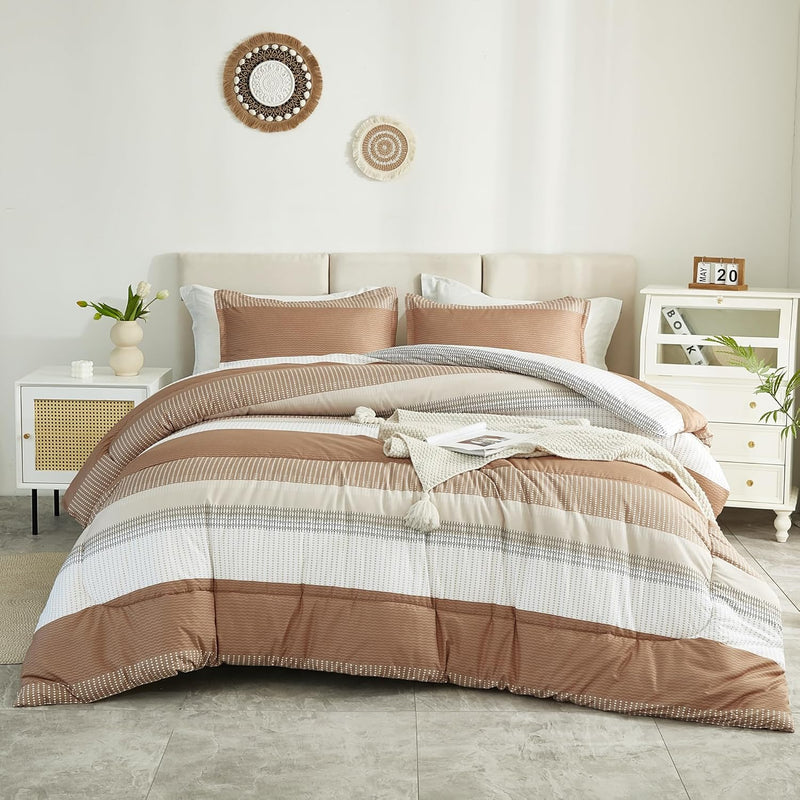 Queen Comforter Set Beige - 3 Pieces Lightweight Taupe Khaki White Colorblock