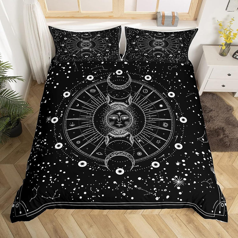 Sun And Moon Comforter Cover Set Queen Size Black And White Psychedelic Conste
