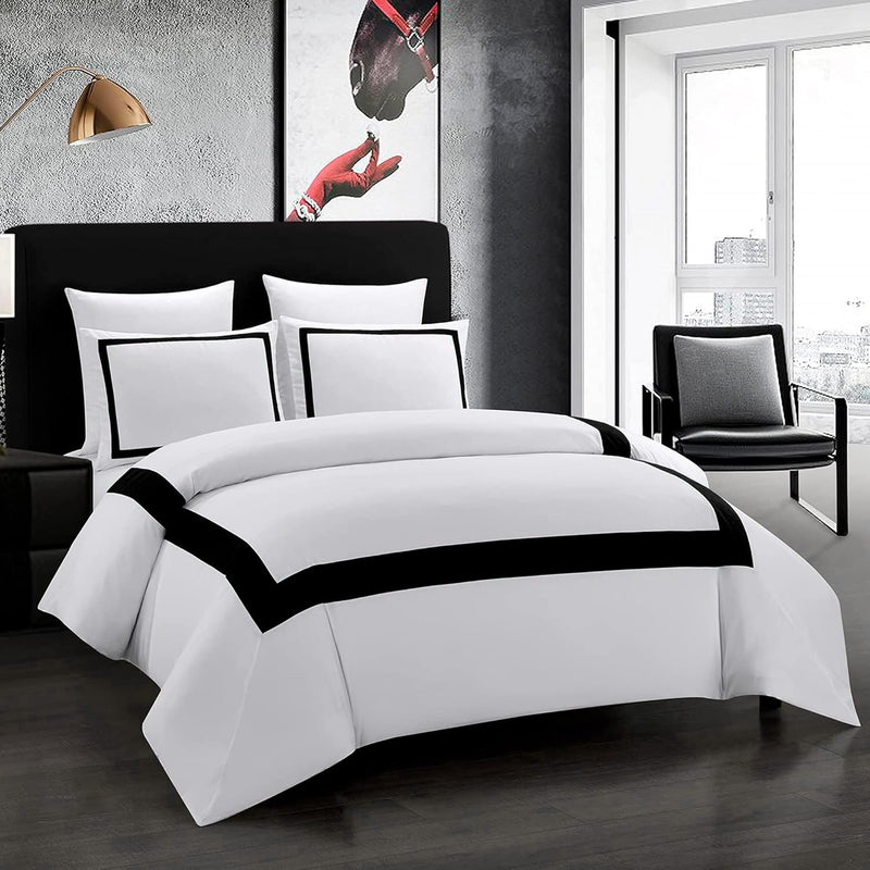Hotel Duvet Cover Set Queen Size 3Pcs Microfiber Black Line Pattern Bedding Co