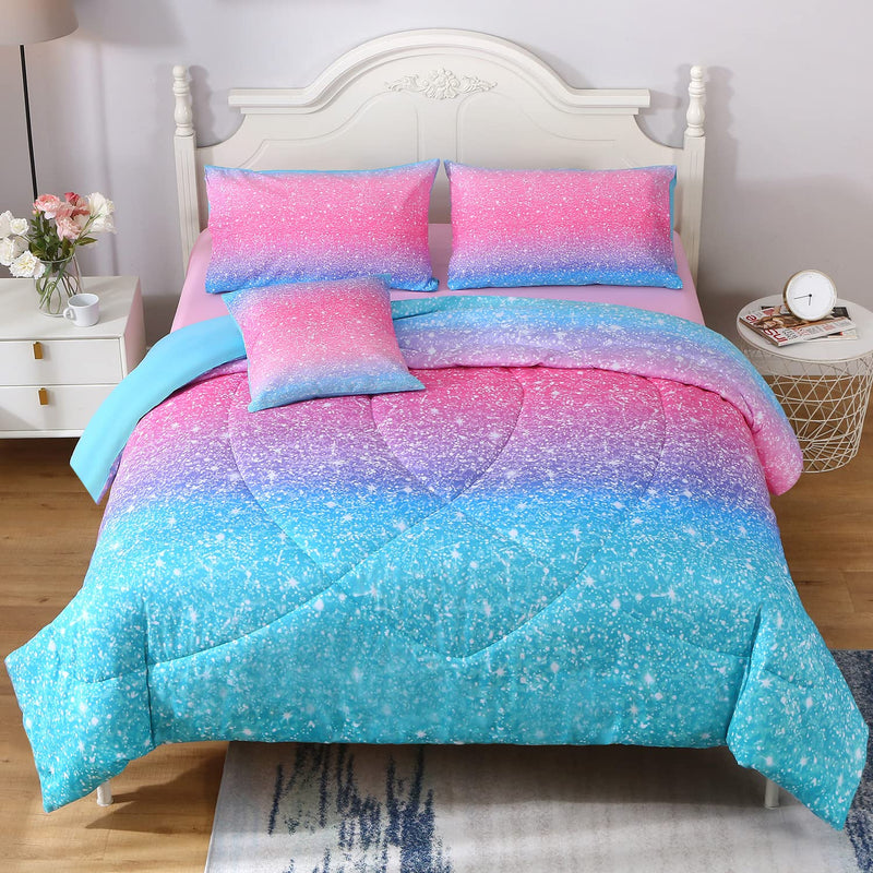 Glitter Comforter Set Queen Size, 6 Piece Bed In A Bag 3D Colorful Duvet Pink