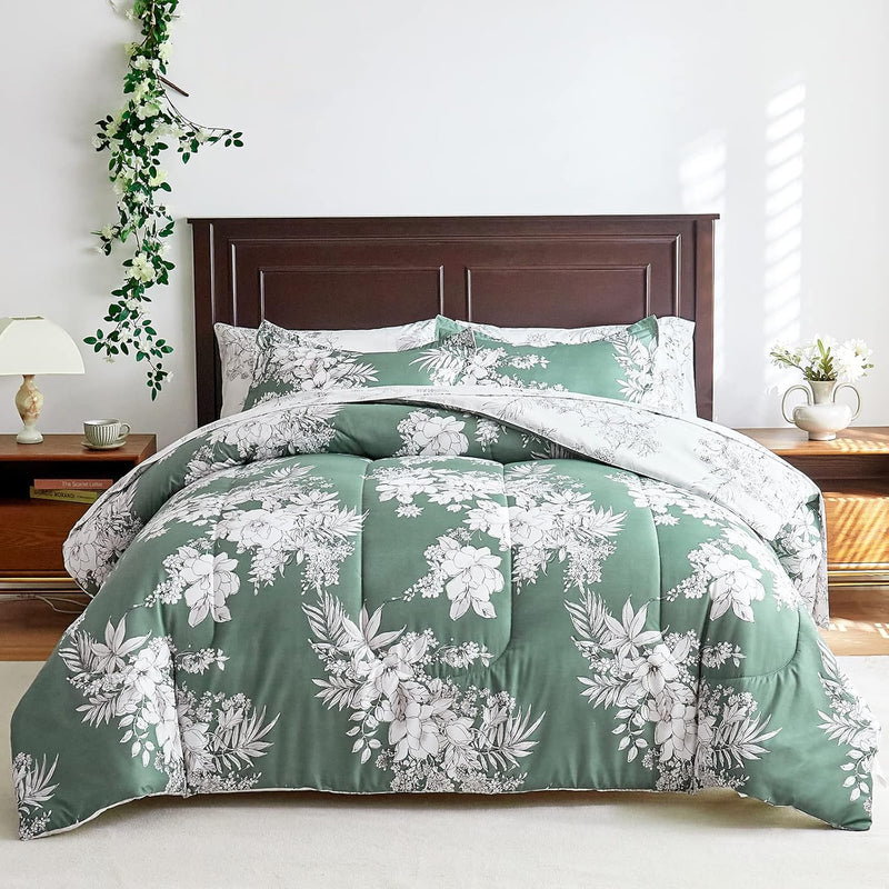 Floral Bed In A Bag King Size 7 Pieces, White And Emerald Green Flowers Botani