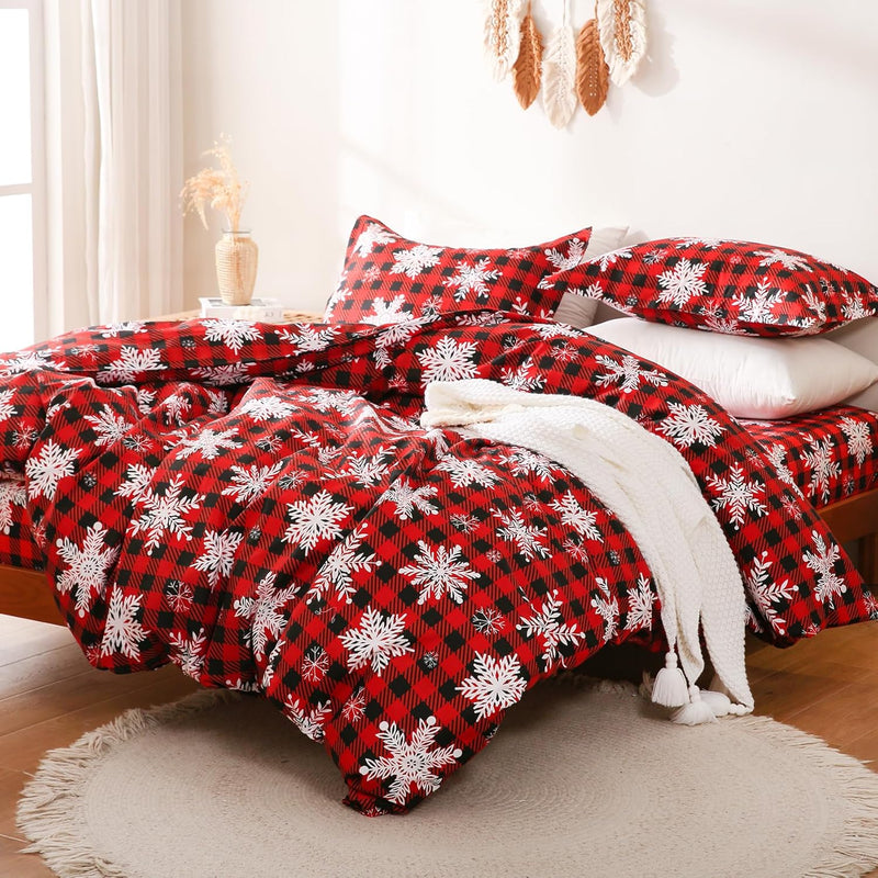 Red Buffalo Plaid Snowflakes Printed Duvet Cover Set Queen Size, 3 Piece Soft