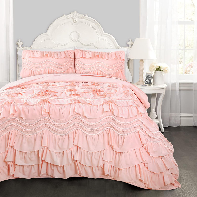 Kemmy Quilt - Ruffled Textured 3 Piece Full Queen Size Bedding Set, Peach/Blus
