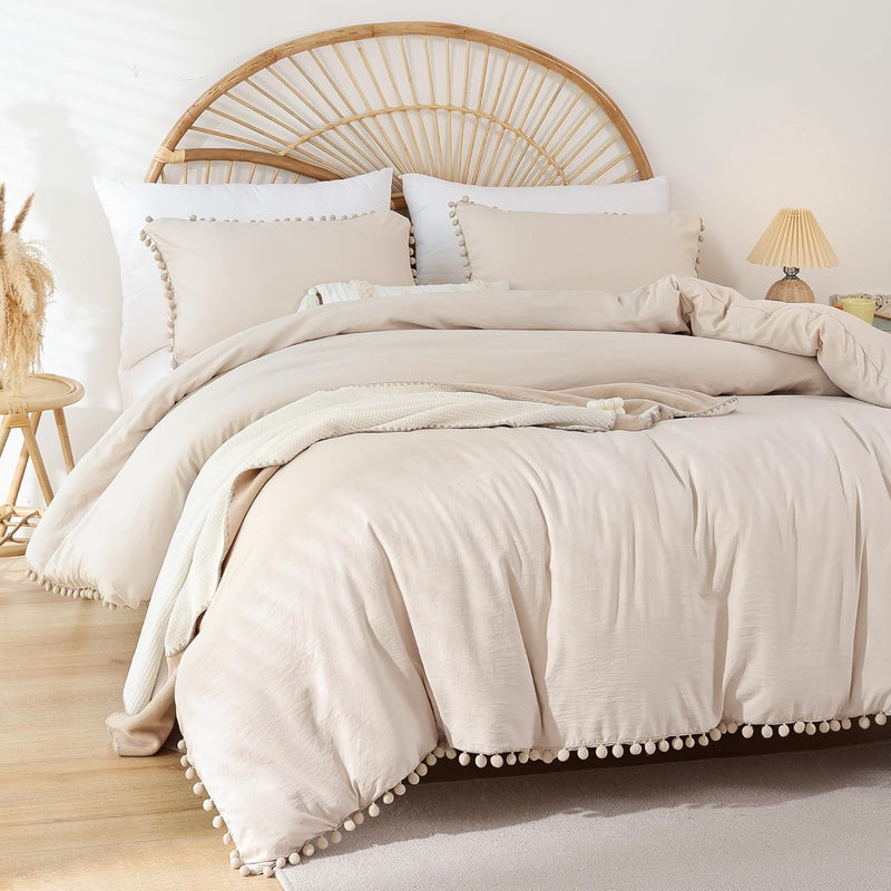 Beige Queen Ball Pom Fringe Comforter Set 3Pcs, Boho Beige Aesthetic Luxurious
