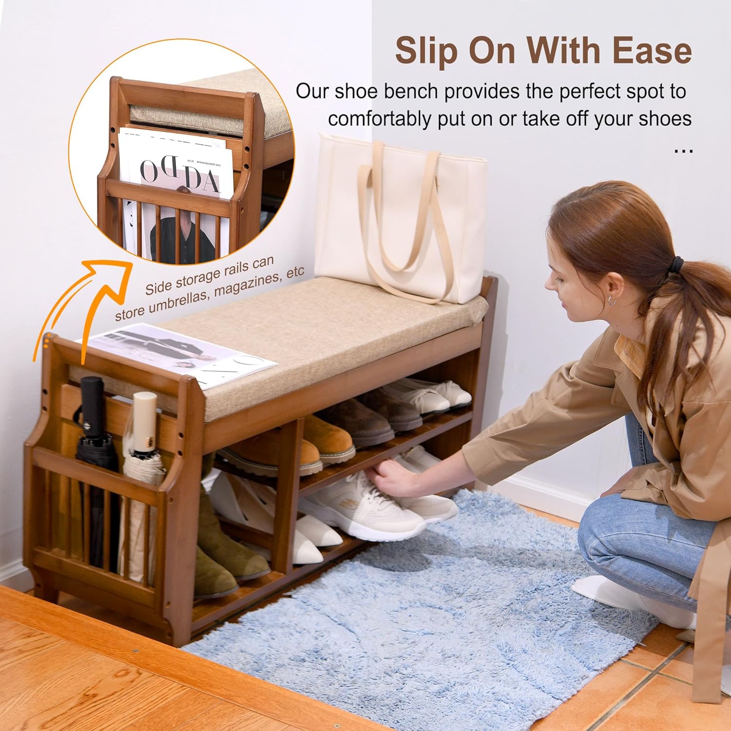Side Way Shoe Rack 2 Tier Shoe Bench, Shoe Rack with Hidden Drawer and Side Holder, Shoe ...