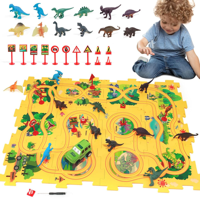 Puzzle Track Car Play Set With 12 Dinosaur Figures, Plastic Railcar Floor P