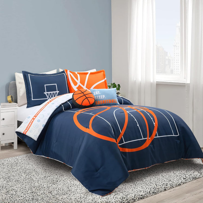 Basketball Game Reversible Oversized 5 Piece Comforter Set, Full/Queen, Navy