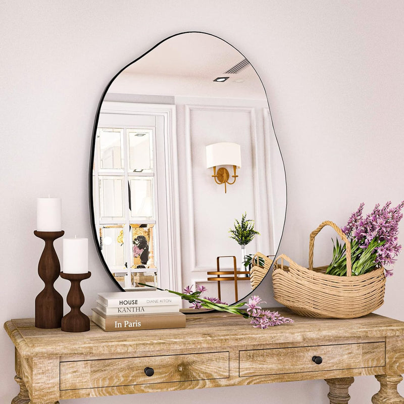 Irregular Wall Mirror 24"X32" Black Asymmetrical Bathroom Mirror Wood Framed M