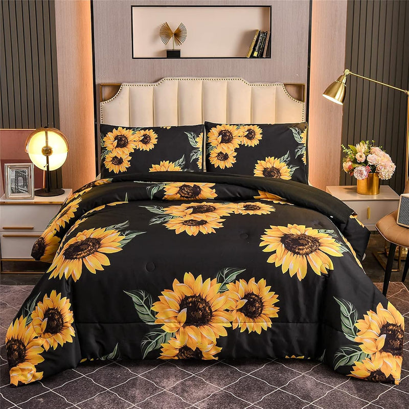 Black Sunflowers Comforter Set Queen Yellow Floral Botanical 3-Pieces Microfib