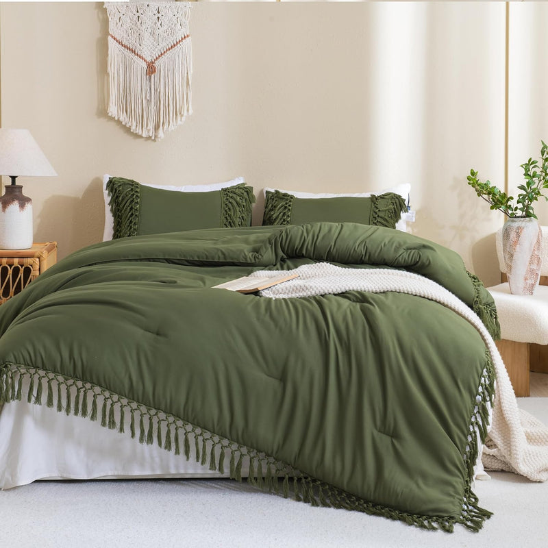 Olive Green Comforter Set Queen, 3 Pieces Boho Tassel Lightweight Soft Bedding