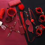 11-Piece Bondage Restraint Kit – Adjustable Cuffs, Collar, Blindfold & More (Red)