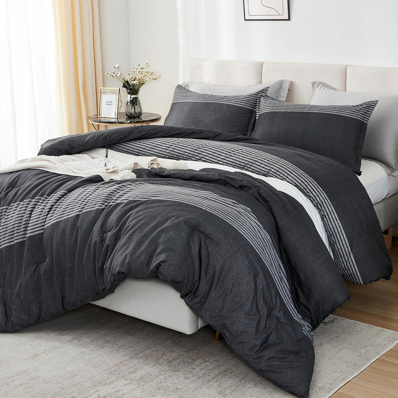 King Bed Comforter Set Black White Grey - 3 Pieces Lightweight Bedding Set For