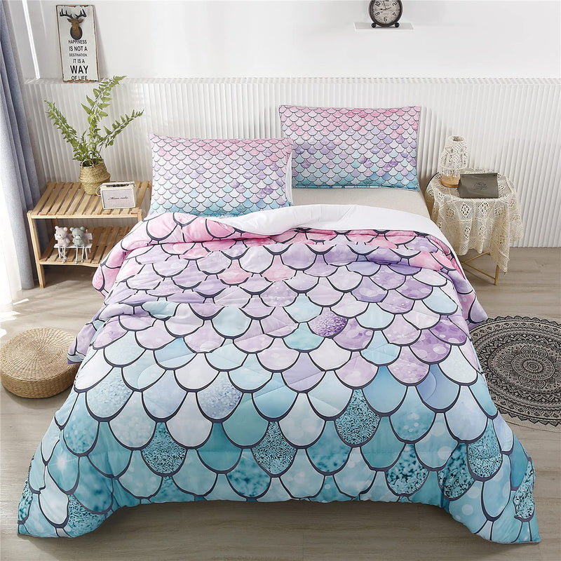 3Pcs Colorful Mermaid Scale Print Comforter Bedding Set Full Size, Soft Microf