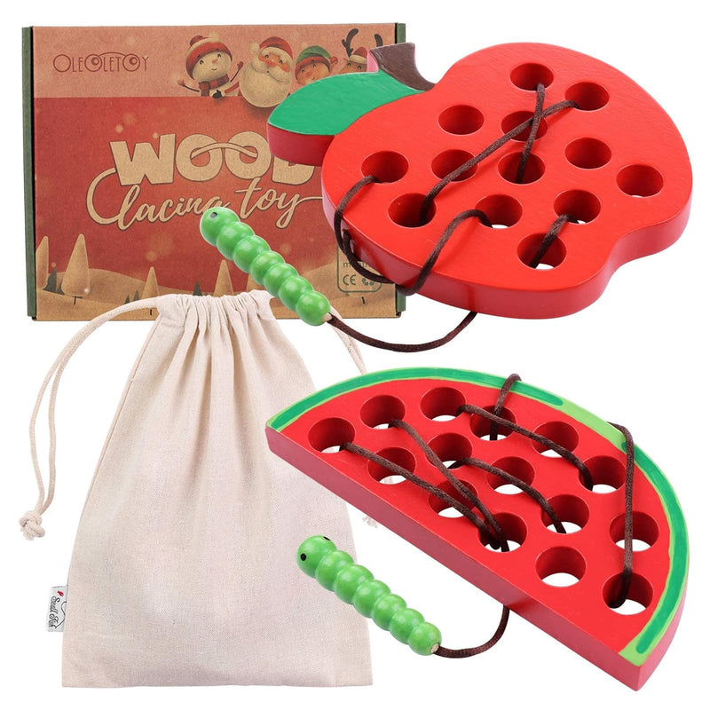 Lacing Toy For Toddlers, Wooden Threading Toys, 1 Apple And 1 Watermelon Wi