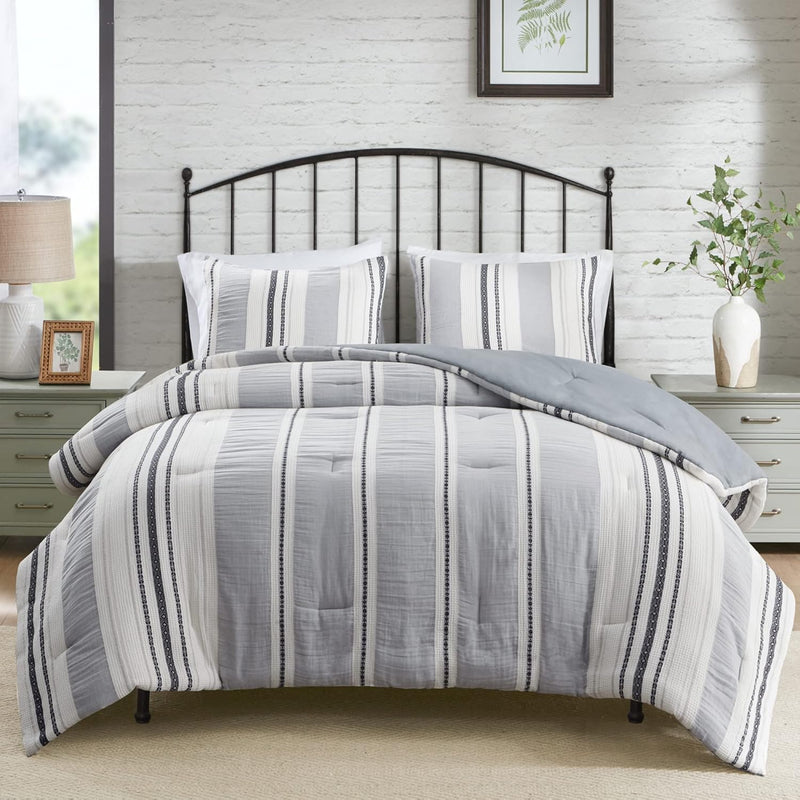 Neutral Farmhouse Bedding Set, 3 Pieces King Size Blue Comforter Set, Cotton T