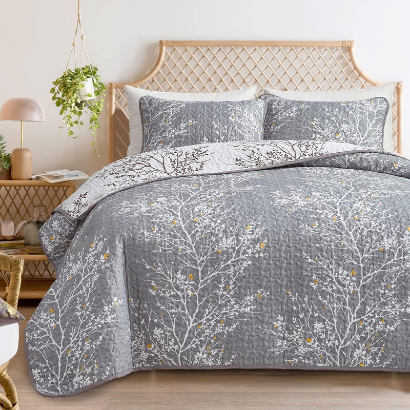 3 Pieces Grey Quilt Set King Size, Branch With Yellow Spring Flower On Gray, S