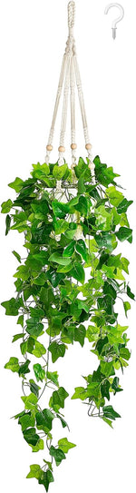Fake Hanging Plants Artificial Decor Macrame Hanger with Artificial Vines in Pots Greenery for Wall Ceiling Bedroom Bathroom Indoor Home Decor, 1 Pack