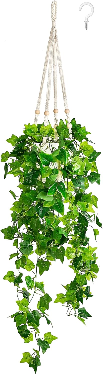 Fake Hanging Plants Artificial Decor Macrame Hanger with Artificial Vines in Pots Greenery for Wall Ceiling Bedroom Bathroom Indoor Home Decor, 1 Pack