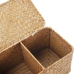 Seagrass Storage Basket with Lid Rectangular Small Woven Shelf Baskets with Sections for Organize Snack Toys Tampon