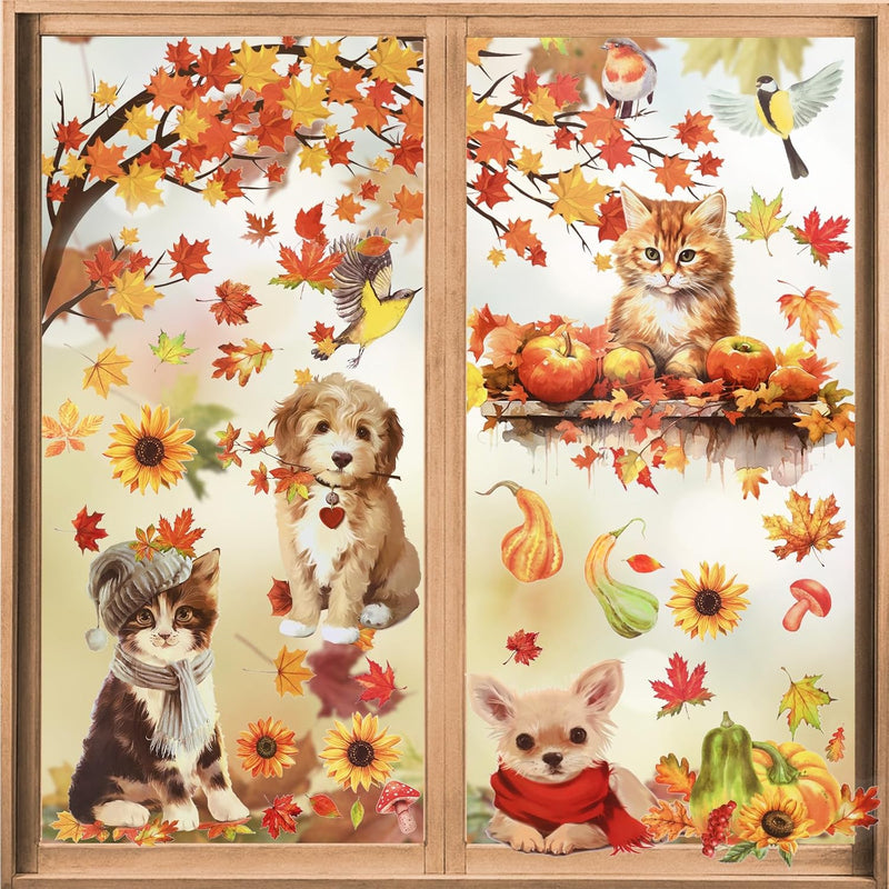 9 Sheets Fall Window Cling Sticker, Autumn Harvest Dogs Cats Maple Leaves Pump