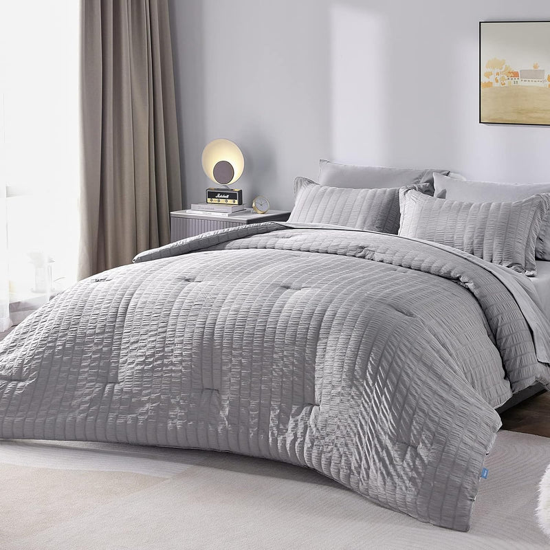 Full Bed In A Bag Light Grey Seersucker Textured Comforter Set With Sheets 7-P