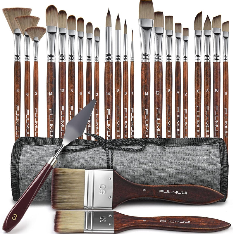 25-Piece Professional Paint Brush Set with 9 Shapes for Acrylic & Watercolor