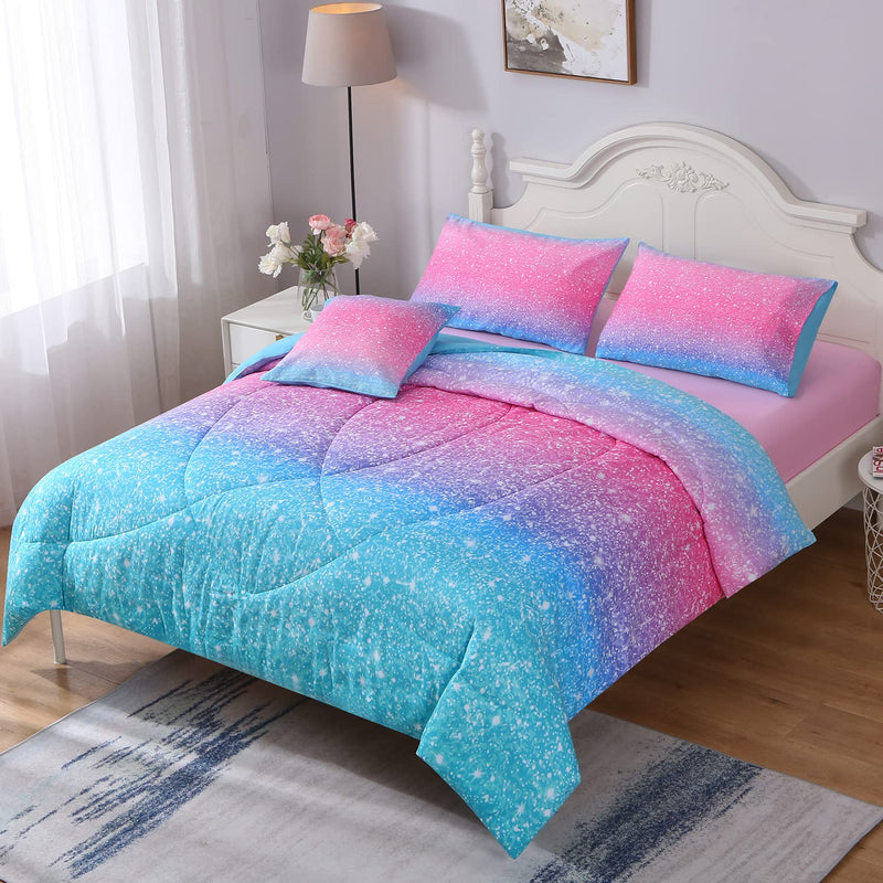 6Pcs Glitter Comforter Set With Sheets For Teens Girls Kids, Colorful Gradient