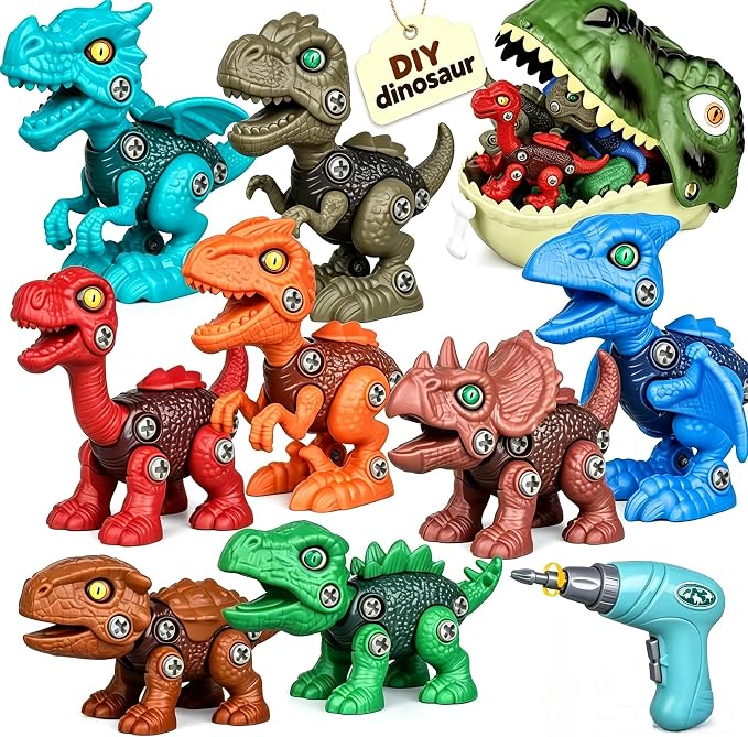 8-Piece Take Apart Dinosaur Building Kit with Toy Drill for Kids Ages 3+