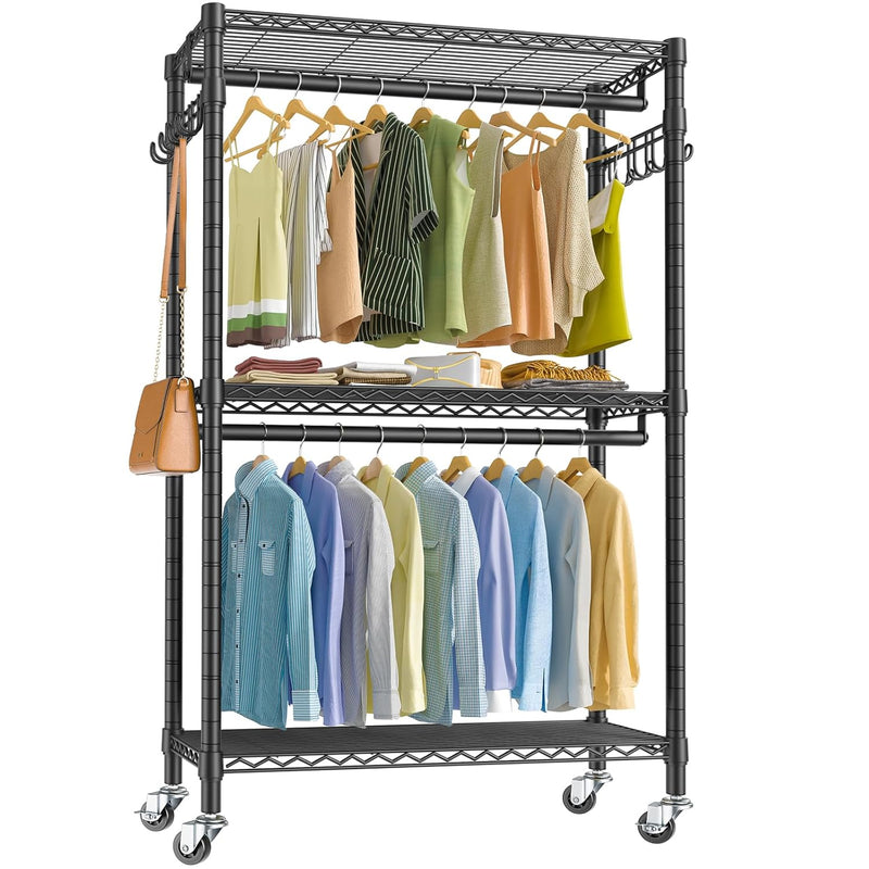 V12 Heavy Duty Rolling Garment Rack 3 Tiers Adjustable Wire Shelving Clothes Rac