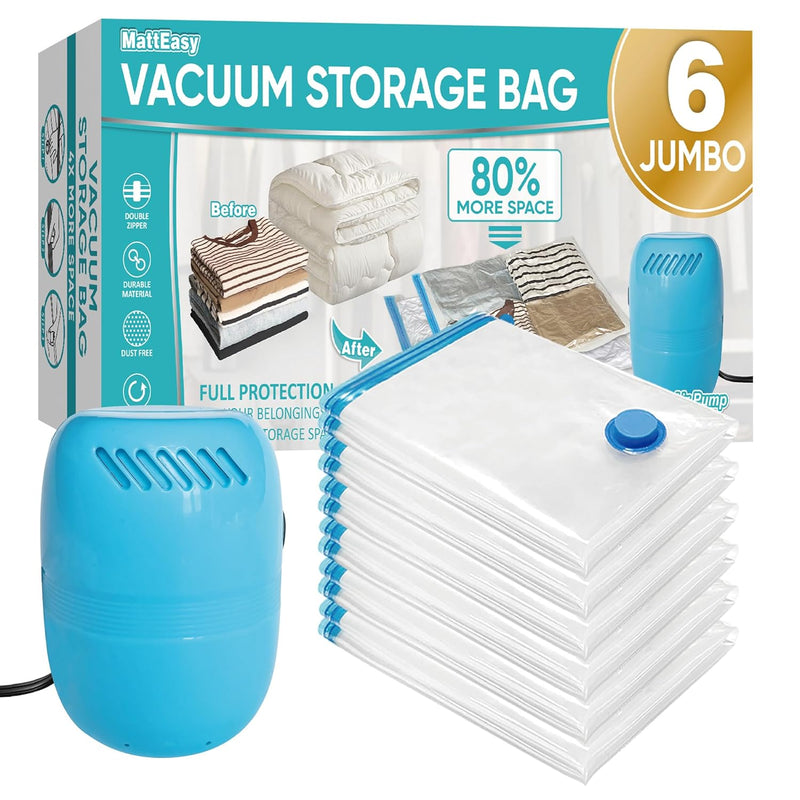6 Jumbo Vacuum Storage Bags With Electric Pump, Space Saver Bags With Pump, Stor