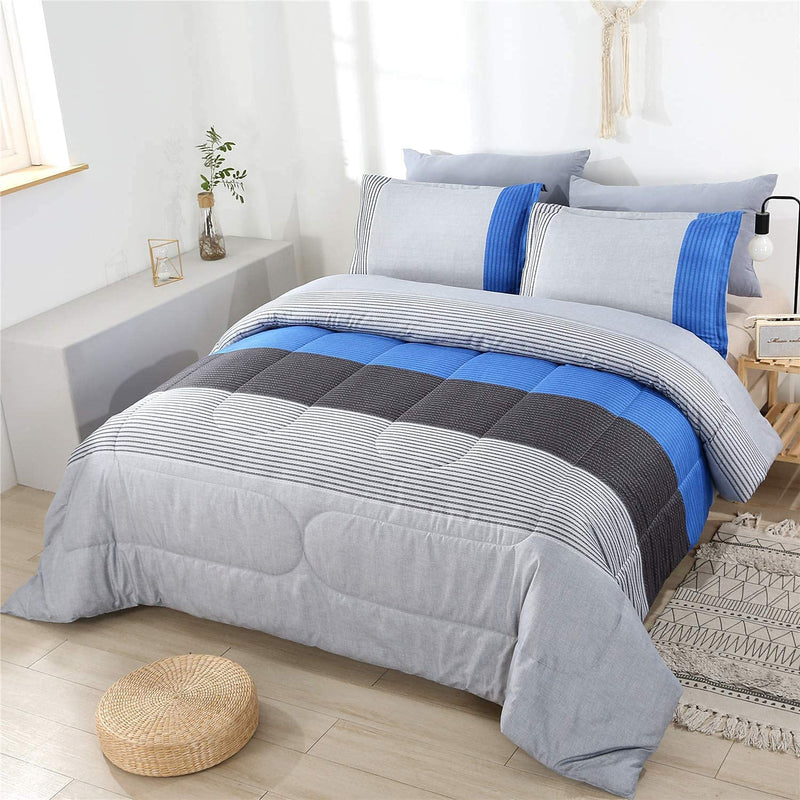Blue Striped Comforter Set Full Size, 3 Pieces Grey And Blue Patchwork Stripe