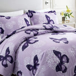 Lightweight Microfiber 3 Piece Comforter Set With 2 Shams, Butterfly Pattern Bedding Set, Full/Queen, Purple
