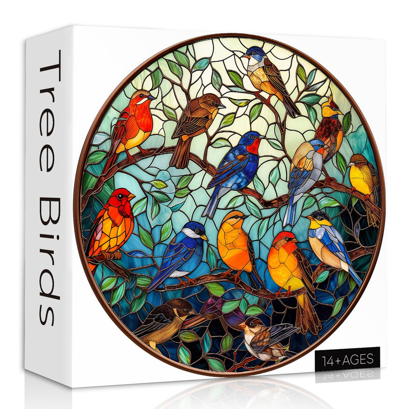 Stained Glass Puzzle Bird Puzzles For Adults 1000 Pieces, Round Bird Tree J