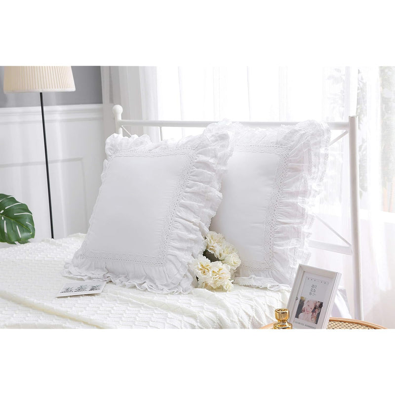 2-Pack Luxury Lace White Euro Shams Throw Pillow Covers Cushion Cases With Ruf