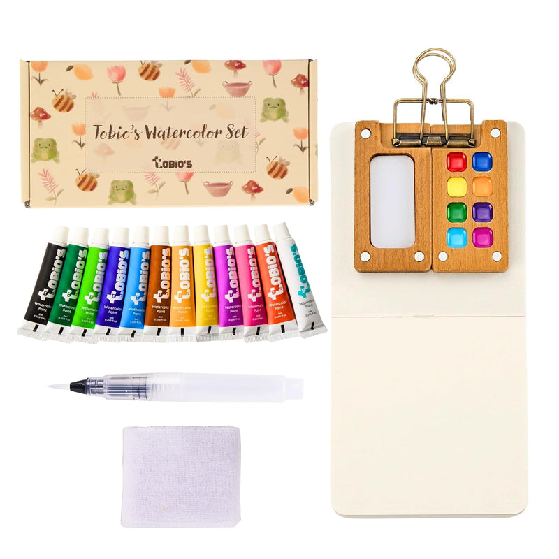 Watercolor Paint Set - Mini Travel Kit with 12 Colors & Water Brush