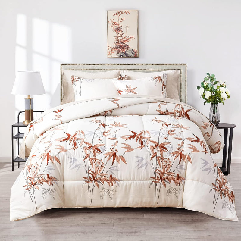 7 Pieces Bed In A Bag King Comforter Set With Sheets, Burnt Orange Leaves On W